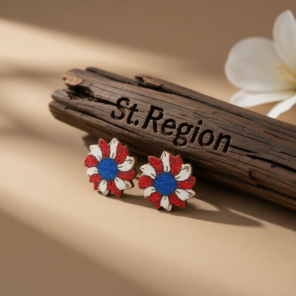 Red and Blue Painting Patriotic Sunflower Stud Earring, cubic zirconia stud earrings for women, front view