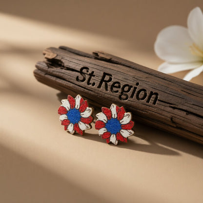 Red and Blue Painting Patriotic Sunflower Stud Earring, cubic zirconia stud earrings for women, front view