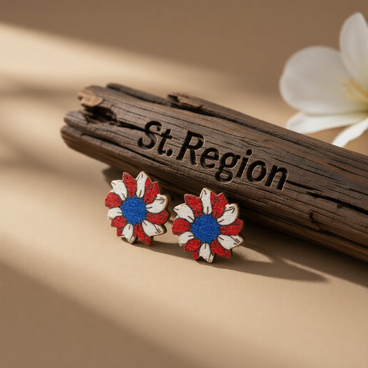 Red and Blue Painting Patriotic Sunflower Stud Earring, cubic zirconia stud earrings for women, front view