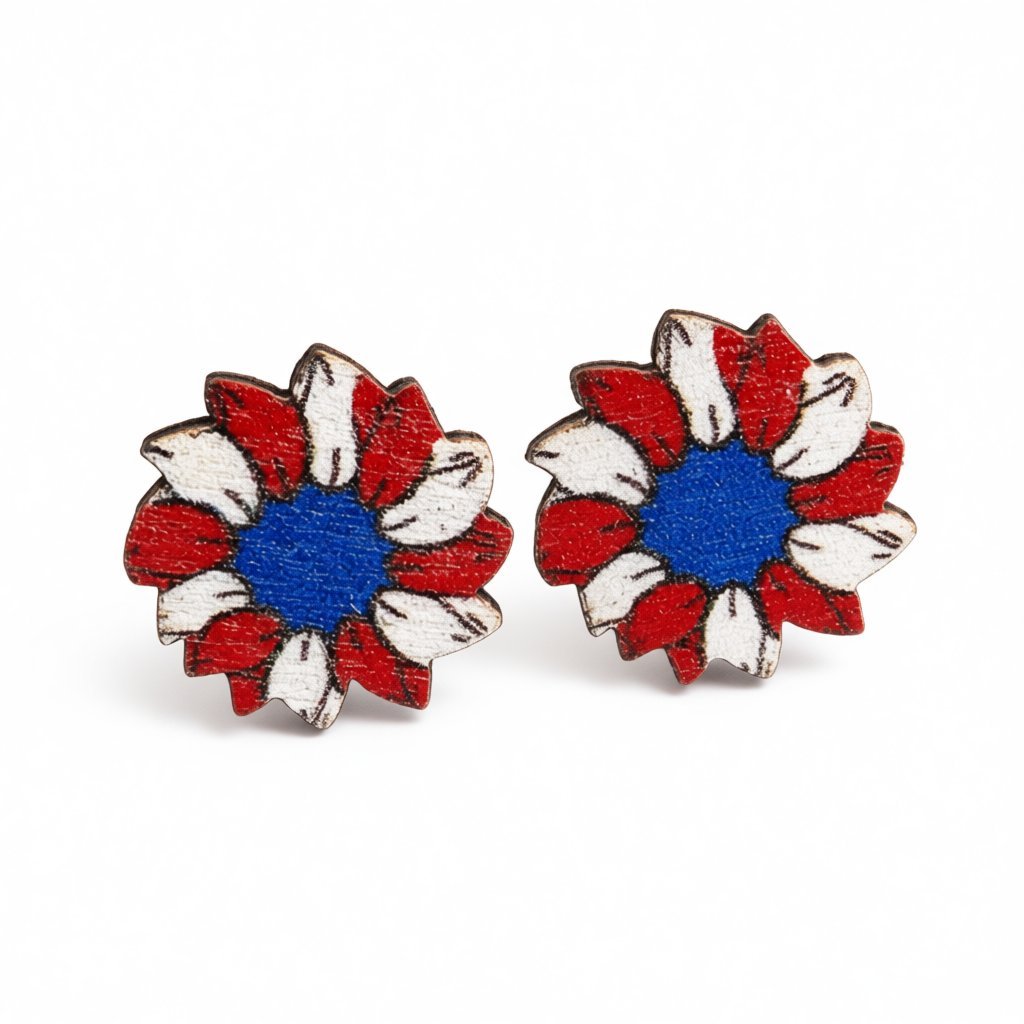 Red and Blue Painting Patriotic Sunflower Stud Earring, cubic zirconia stud earrings for women, side view