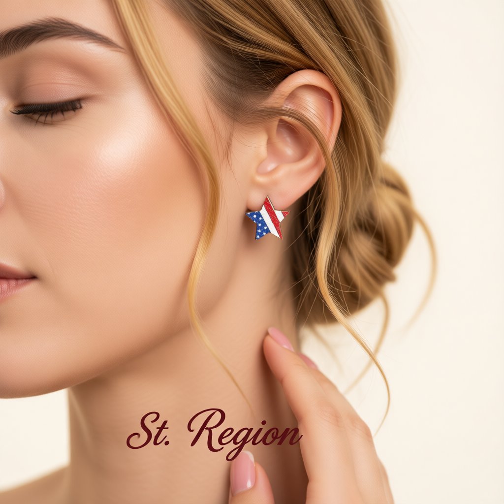 Red and White American Flag Star Stud Earrings, cubic zirconia stud earrings for women, vintage-inspired design, styled look