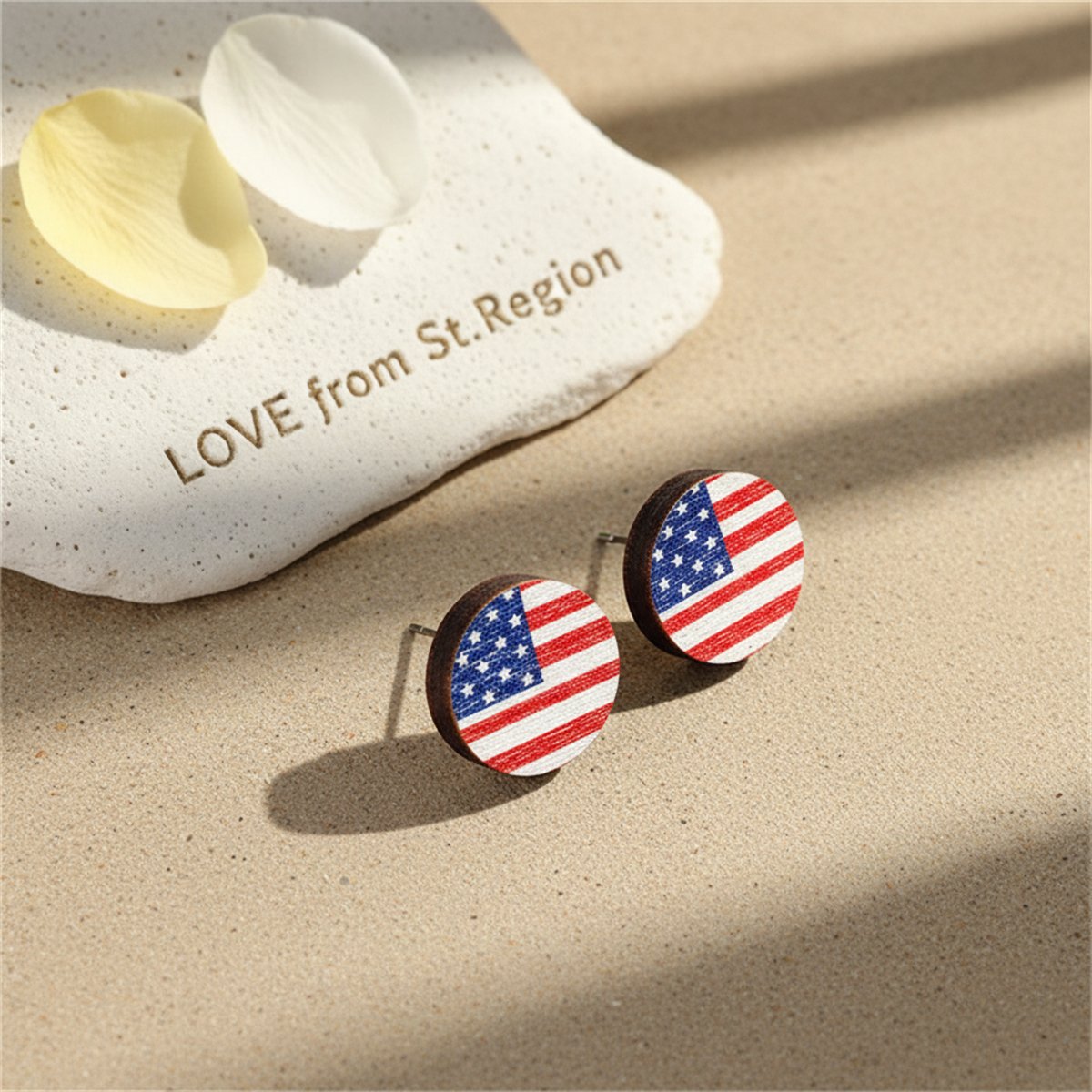 Red Multicolor Wood and Silver-Plated Flag Round Stud Earrings, silver stud earrings for women, lifestyle look