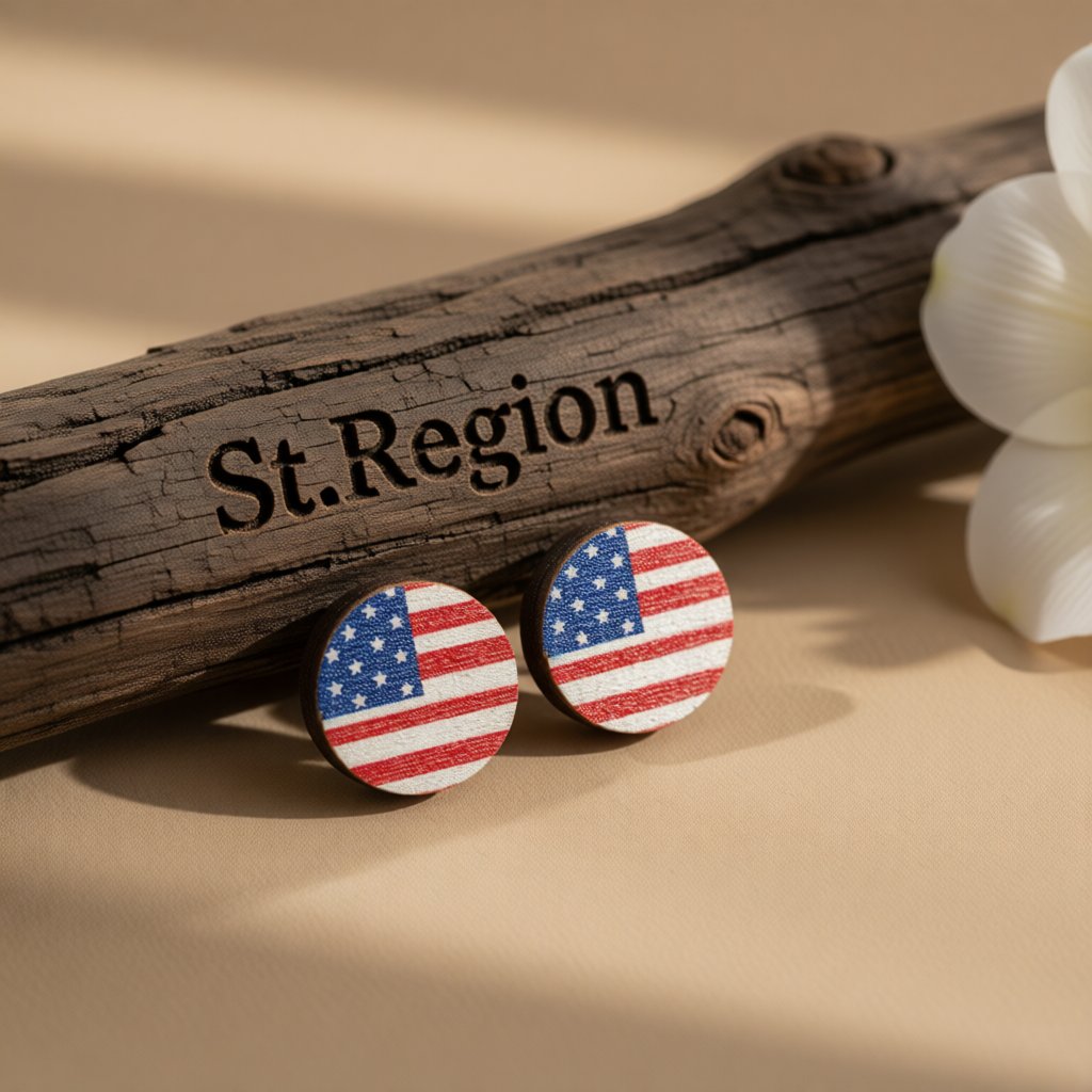 Red Multicolor Wood and Silver-Plated Flag Round Stud Earrings, silver stud earrings for women, front view