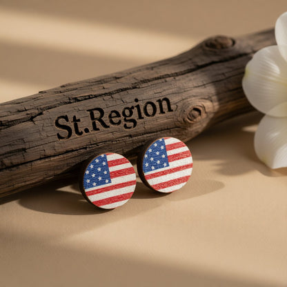 Red Multicolor Wood and Silver-Plated Flag Round Stud Earrings, silver stud earrings for women, front view