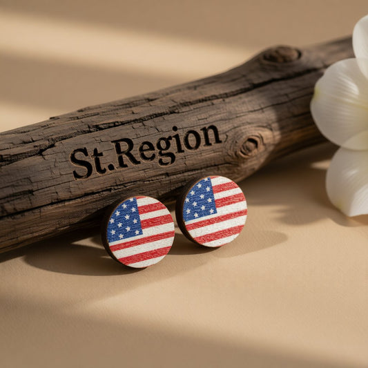 Red Multicolor Wood and Silver-Plated Flag Round Stud Earrings, silver stud earrings for women, front view