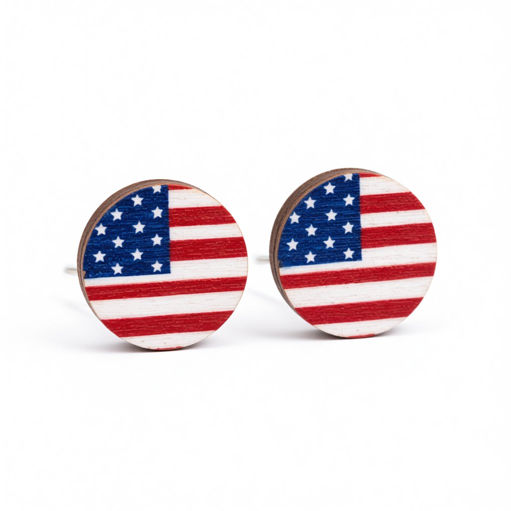 Red Multicolor Wood and Silver-Plated Flag Round Stud Earrings, silver stud earrings for women, side view