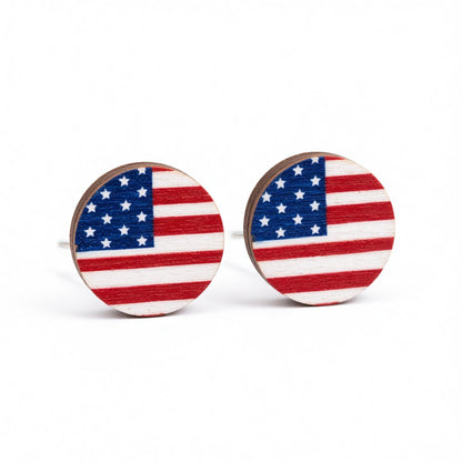 Red Multicolor Wood and Silver-Plated Flag Round Stud Earrings, silver stud earrings for women, side view