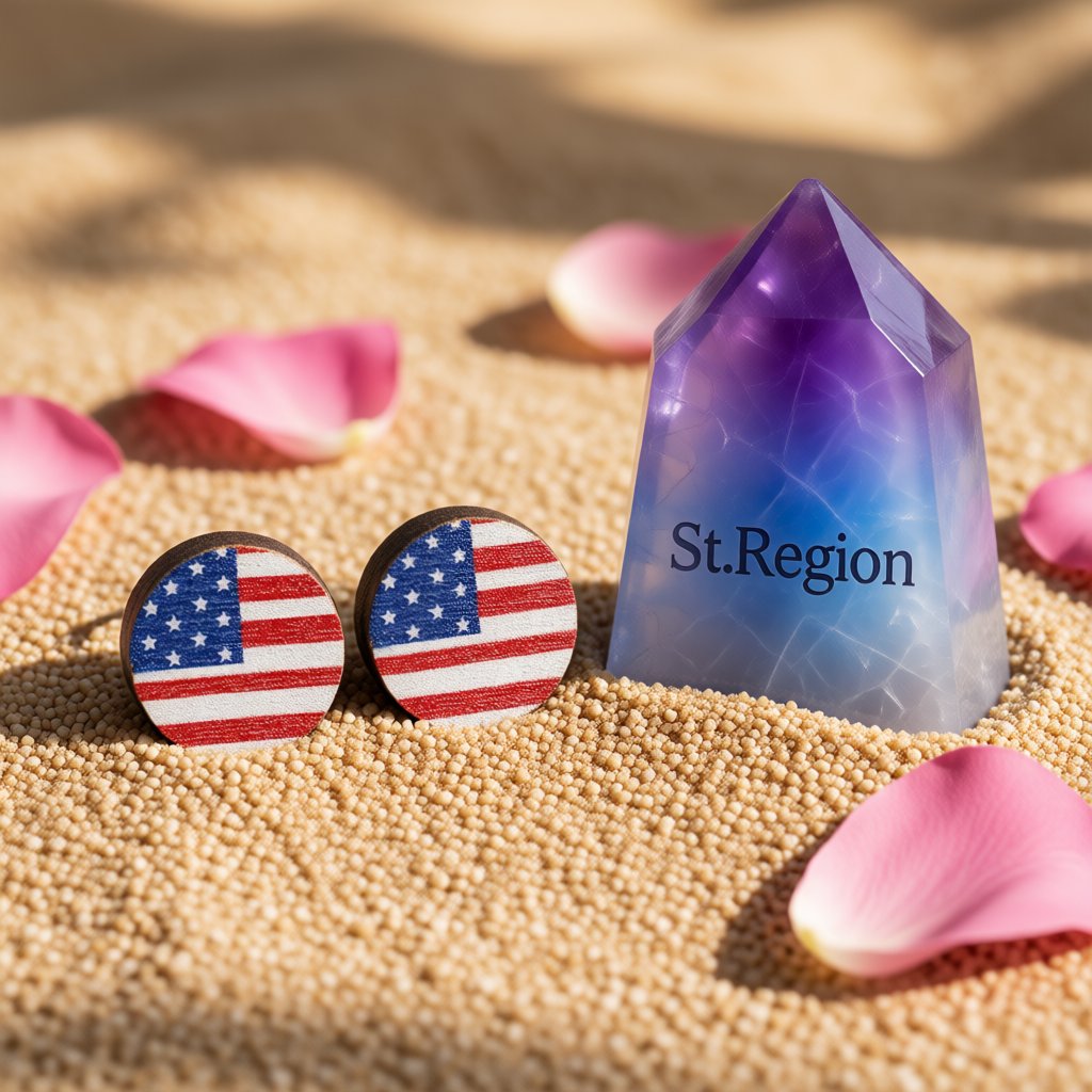 Red Multicolor Wood and Silver-Plated Flag Round Stud Earrings, silver stud earrings for women, detail close-up