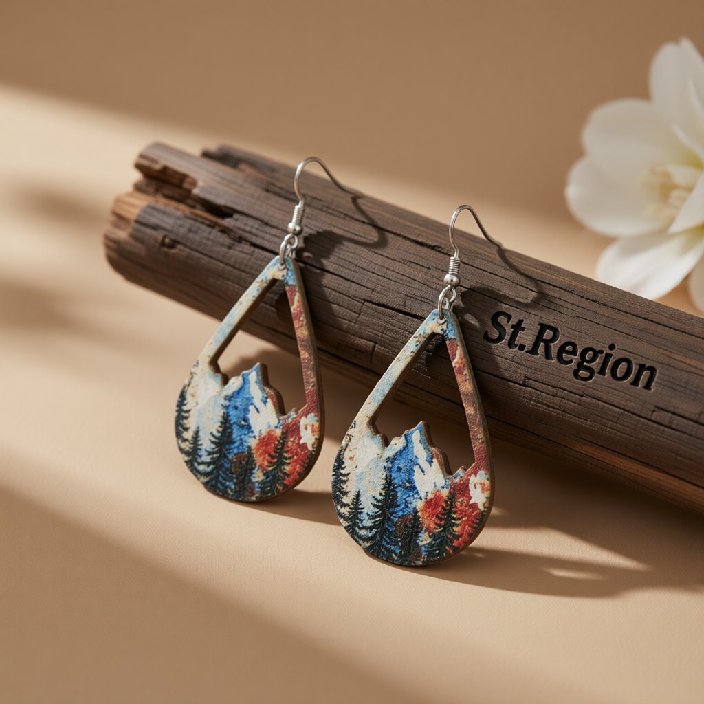 Red and Blue Wood Winter Mountain Teardrop Earrings, drop earrings for women, dainty minimalist design, front view