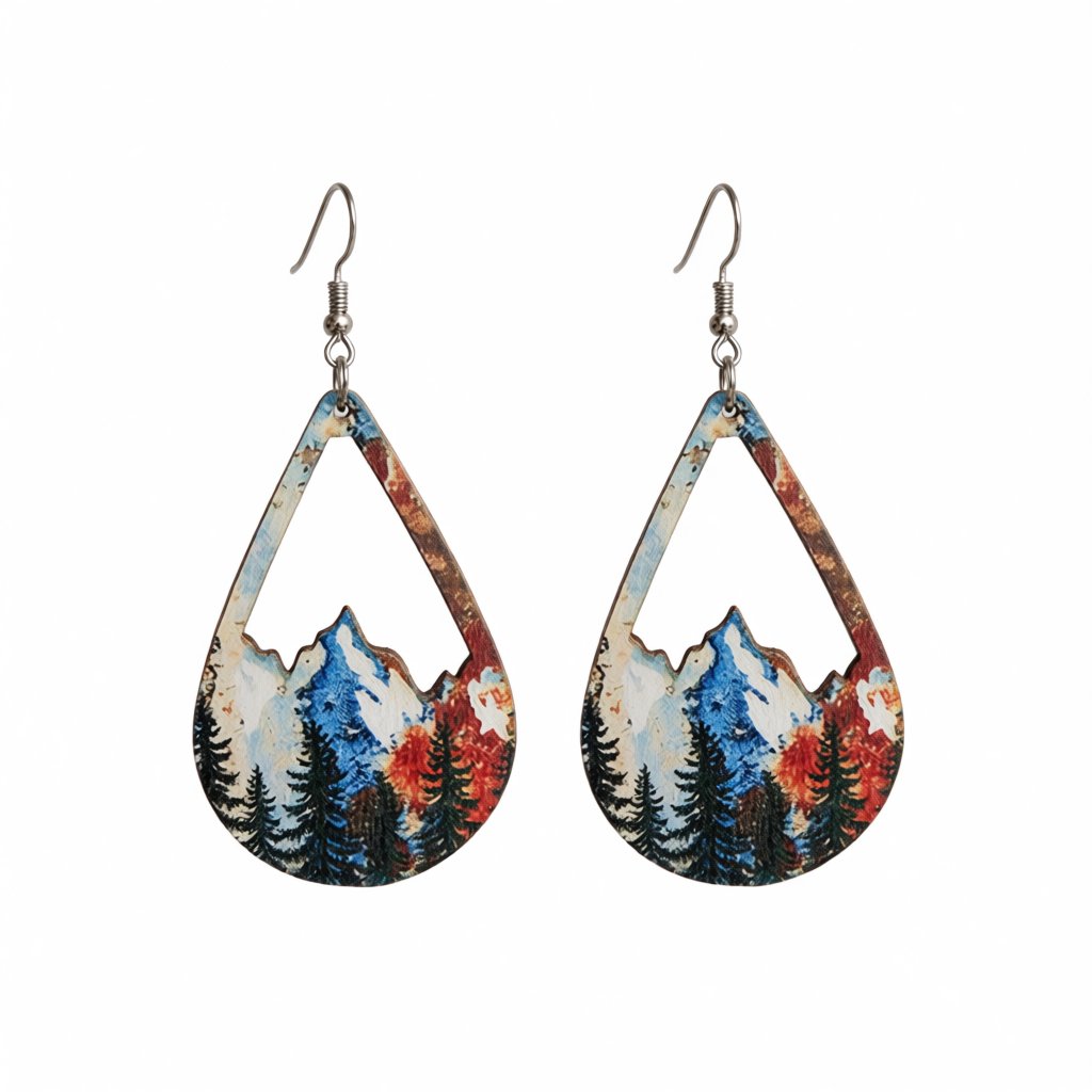 Red and Blue Wood Winter Mountain Teardrop Earrings, drop earrings for women, dainty minimalist design, side view