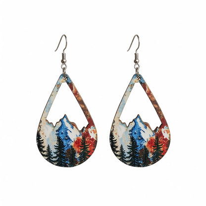 Red and Blue Wood Winter Mountain Teardrop Earrings, drop earrings for women, dainty minimalist design, side view