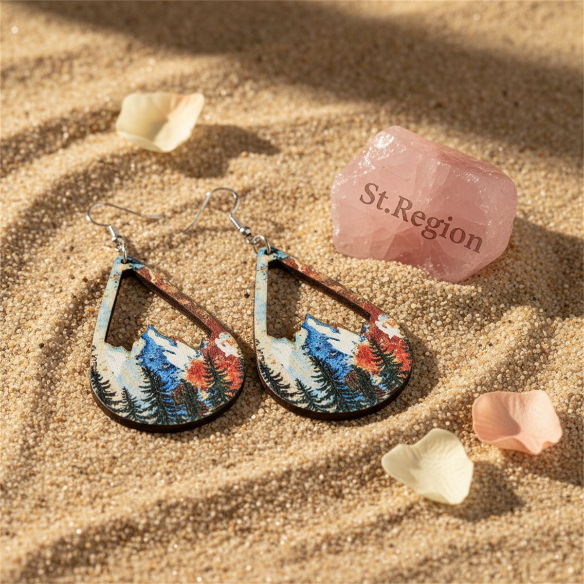 Red and Blue Wood Winter Mountain Teardrop Earrings, drop earrings for women, dainty minimalist design, detail close-up