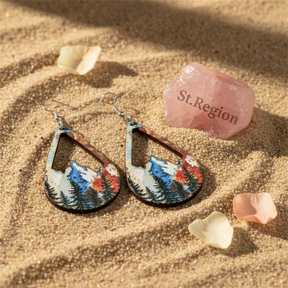 Red and Blue Wood Winter Mountain Teardrop Earrings, drop earrings for women, dainty minimalist design, detail close-up