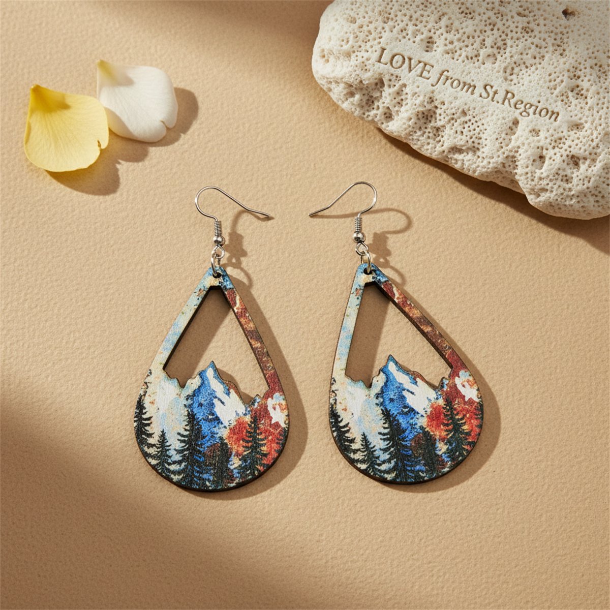 Red and Blue Wood Winter Mountain Teardrop Earrings, drop earrings for women, dainty minimalist design, lifestyle look