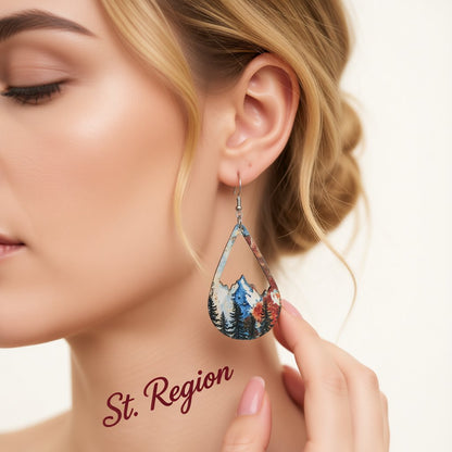 Red and Blue Wood Winter Mountain Teardrop Earrings, drop earrings for women, dainty minimalist design, styled look