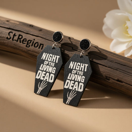 Black Wood and Silver-Plated 'Night Of The Living Dead' Coffin Drop Earrings, silver drop earrings for women, front view