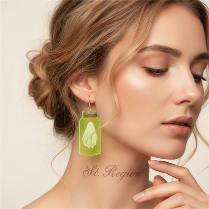 Green and Silver-Plated Glow-In-Dark Ghost Specimen Drop Earrings, silver drop earrings for women, styled look