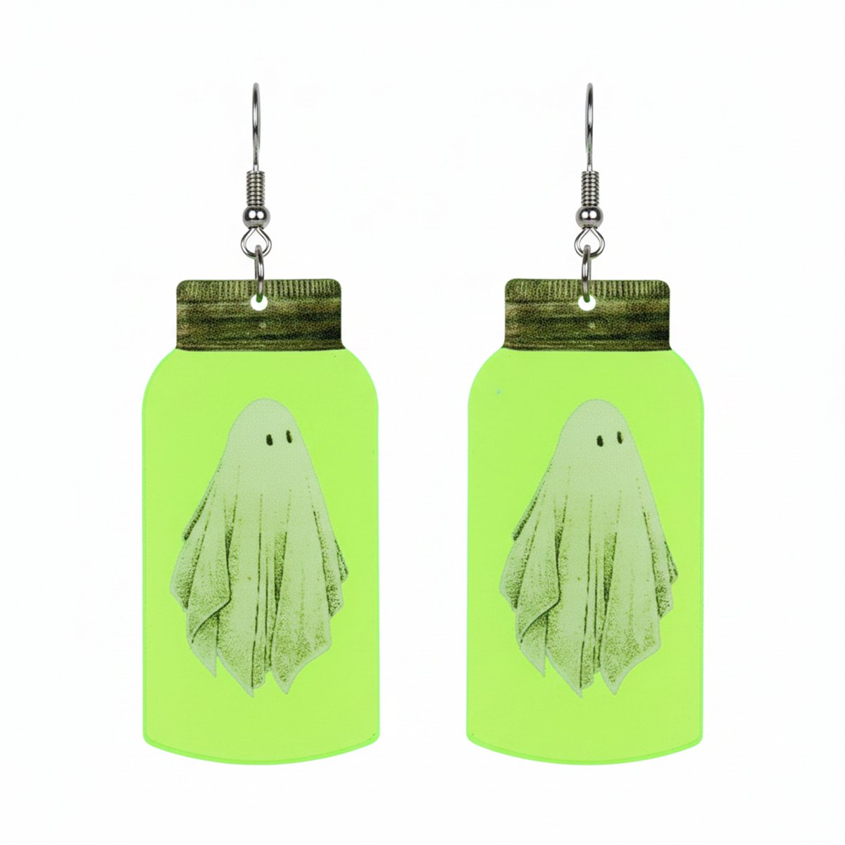 Green and Silver-Plated Glow-In-Dark Ghost Specimen Drop Earrings, silver drop earrings for women, everyday style, side view