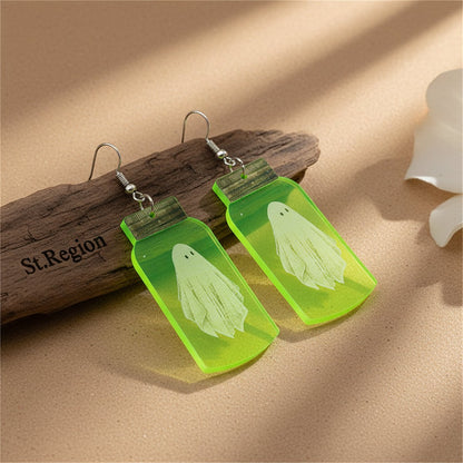 Green and Silver-Plated Glow-In-Dark Ghost Specimen Drop Earrings, silver drop earrings for women, everyday style, front view