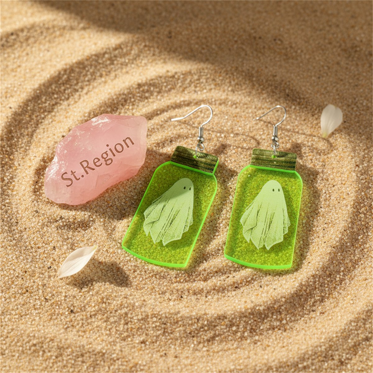 Green and Silver-Plated Glow-In-Dark Ghost Specimen Drop Earrings, silver drop earrings for women, detail close-up