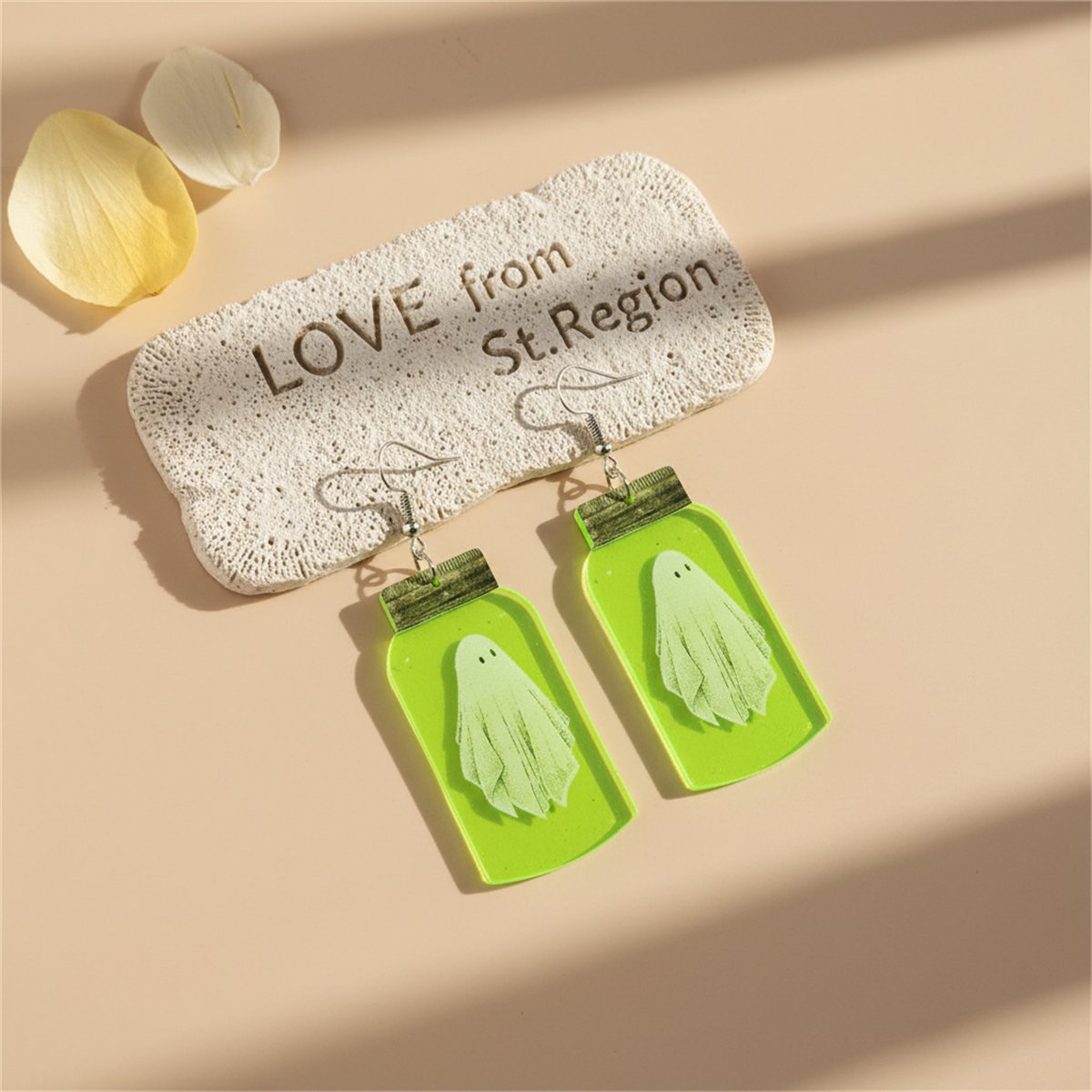 Green and Silver-Plated Glow-In-Dark Ghost Specimen Drop Earrings, silver drop earrings for women, lifestyle look