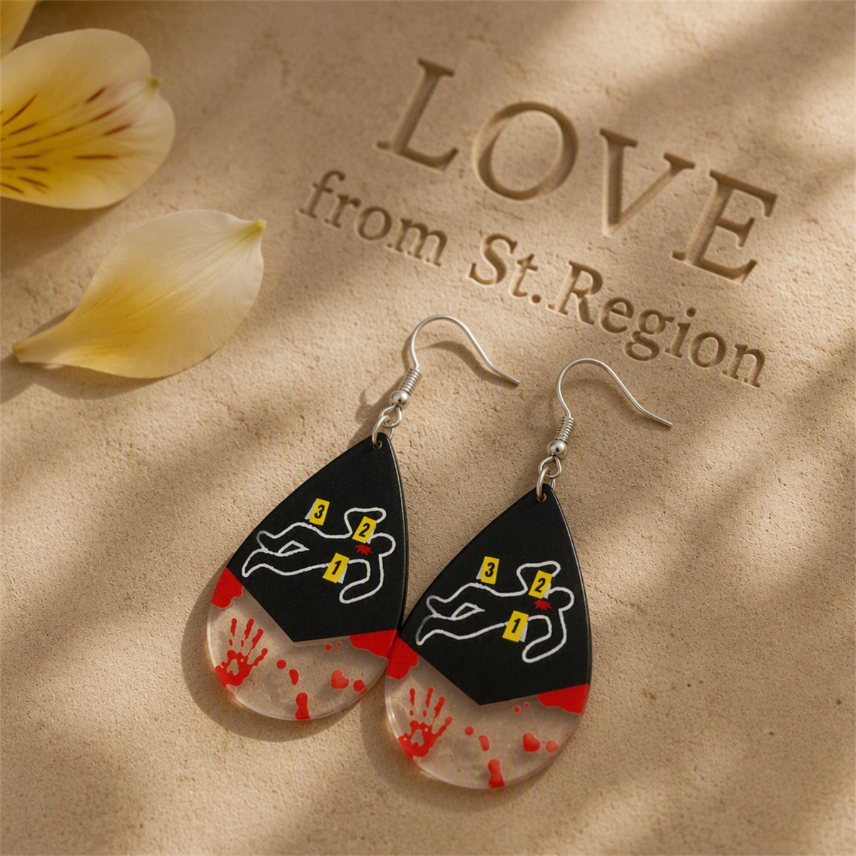 Red Acrylic and Silver-Plated Crime Scene Drop Earrings, silver drop earrings for women, everyday style, lifestyle look