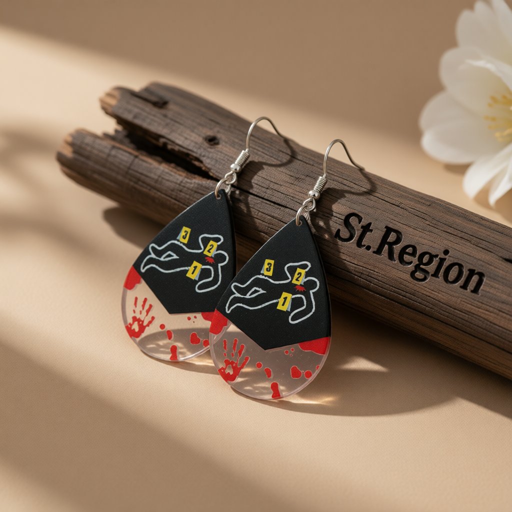 Red Acrylic and Silver-Plated Crime Scene Drop Earrings, silver drop earrings for women, everyday style, front view