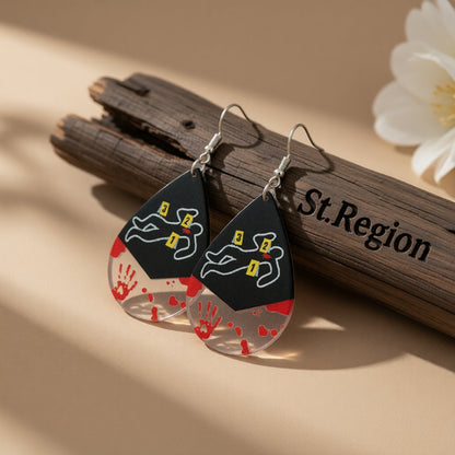 Red Acrylic and Silver-Plated Crime Scene Drop Earrings, silver drop earrings for women, everyday style, front view