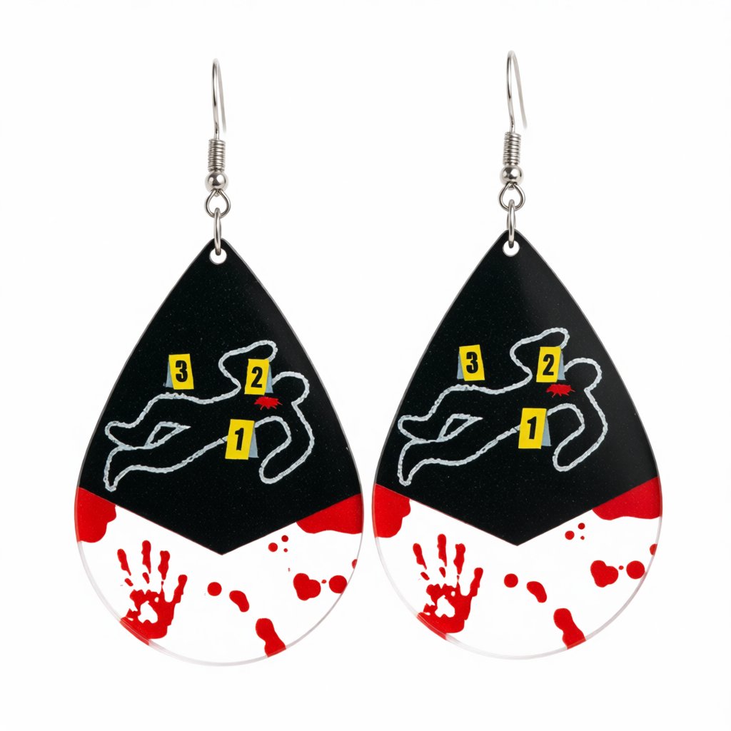 Red Acrylic and Silver-Plated Crime Scene Drop Earrings, silver drop earrings for women, everyday style, side view