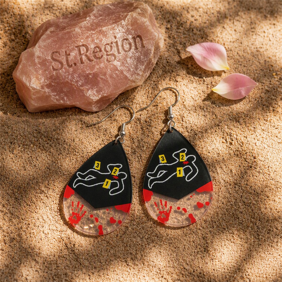 Red Acrylic and Silver-Plated Crime Scene Drop Earrings, silver drop earrings for women, everyday style, detail close-up