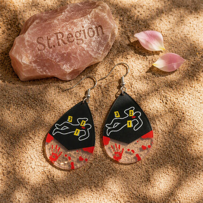 Red Acrylic and Silver-Plated Crime Scene Drop Earrings, silver drop earrings for women, everyday style, detail close-up