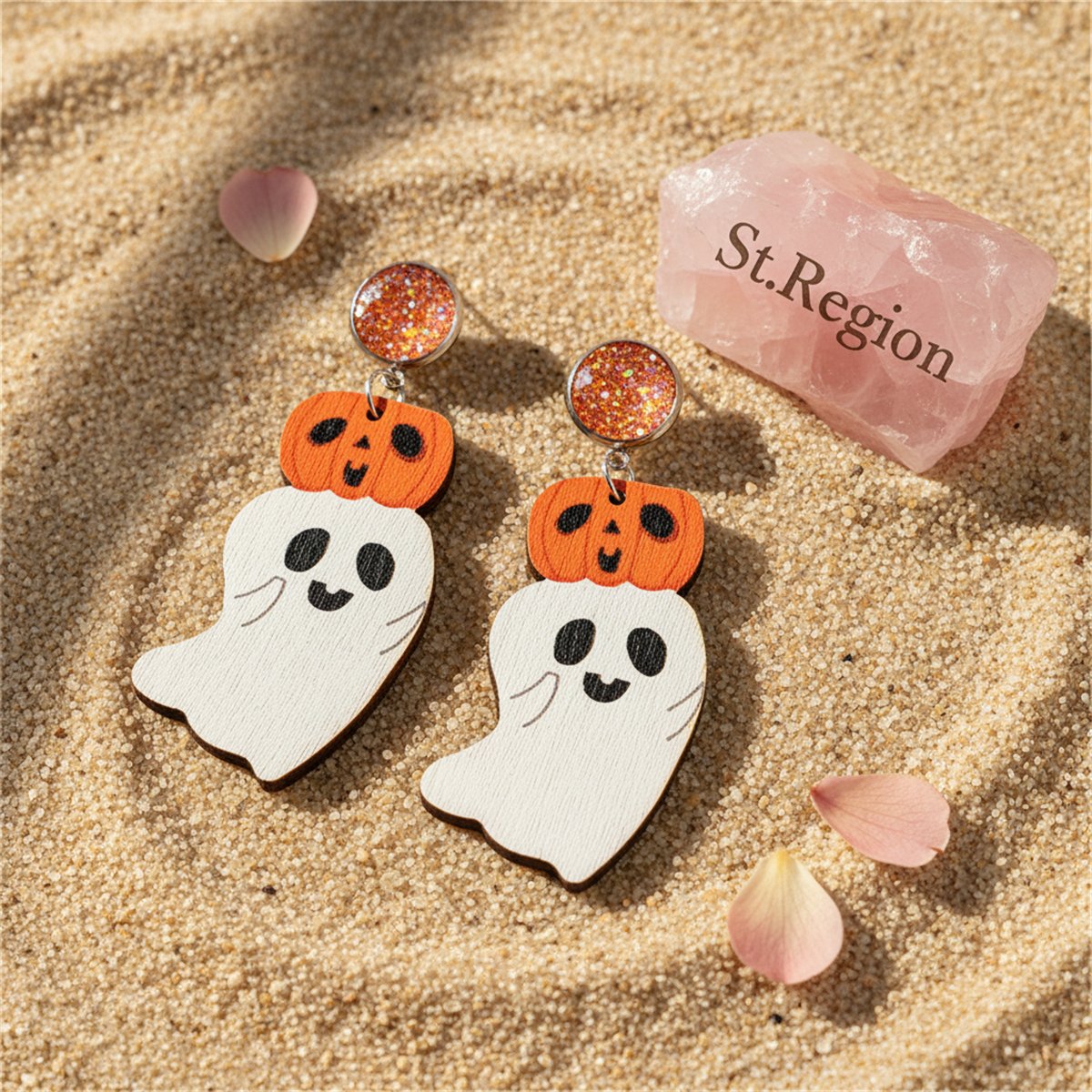 White and Orange Wood Drusy Pumpkin Ghost Drop Earrings, drop earrings for women, vintage-inspired design, detail close-up