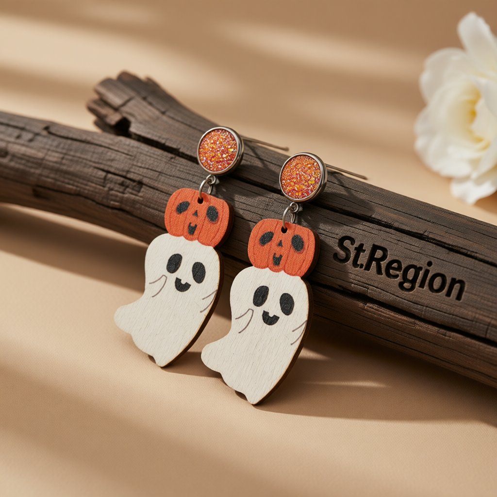 White and Orange Wood Drusy Pumpkin Ghost Drop Earrings, drop earrings for women, vintage-inspired design, front view