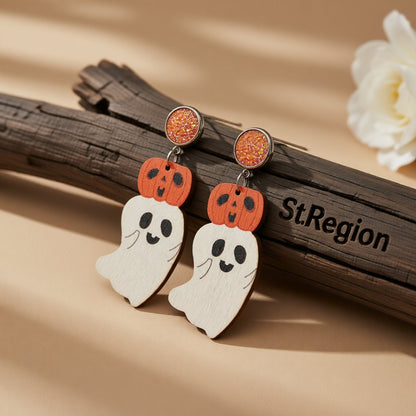 White and Orange Wood Drusy Pumpkin Ghost Drop Earrings, drop earrings for women, vintage-inspired design, front view