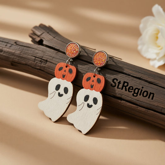 White and Orange Wood Drusy Pumpkin Ghost Drop Earrings, drop earrings for women, vintage-inspired design, front view