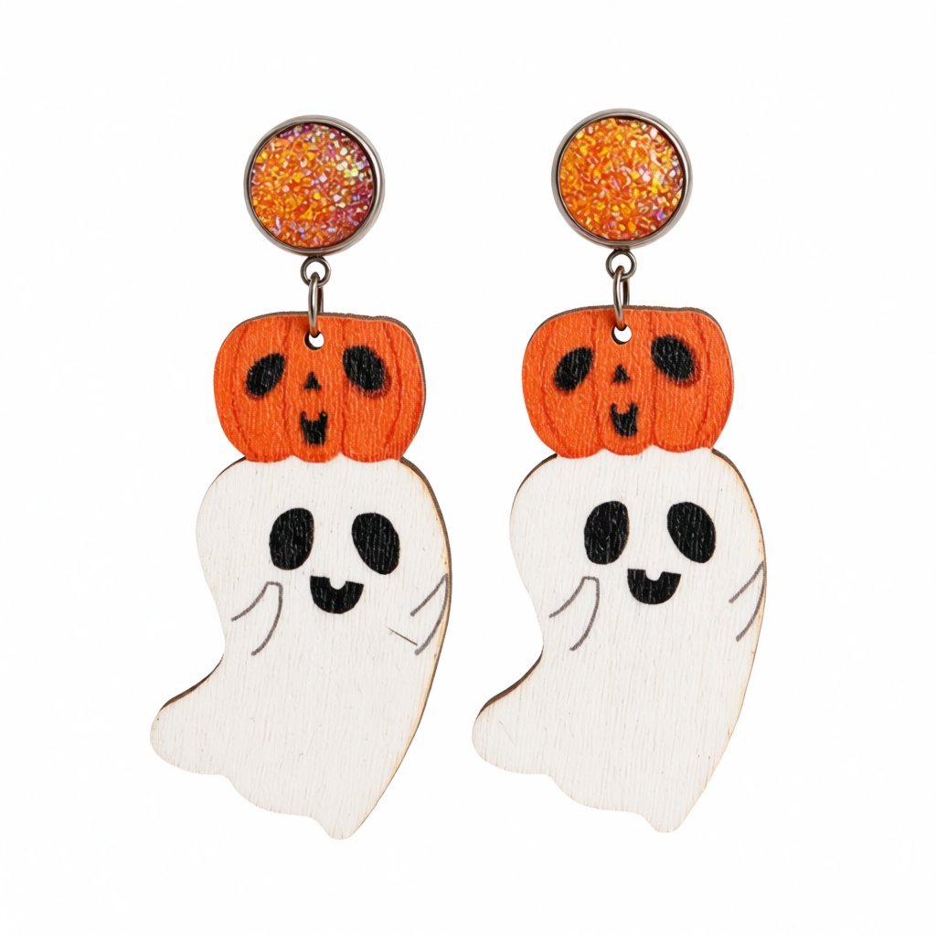 White and Orange Wood Drusy Pumpkin Ghost Drop Earrings, drop earrings for women, vintage-inspired design, side view