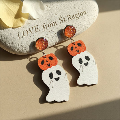 White and Orange Wood Drusy Pumpkin Ghost Drop Earrings, drop earrings for women, vintage-inspired design, lifestyle look
