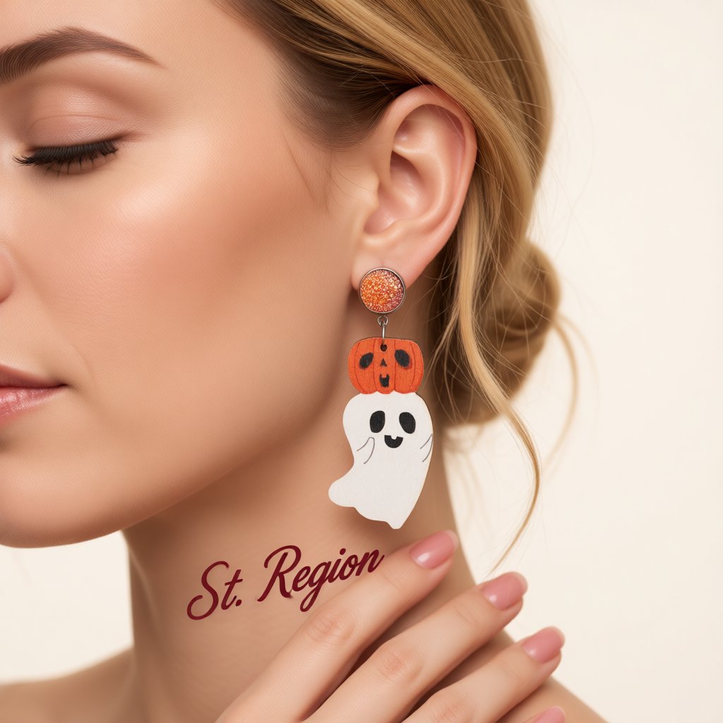 White and Orange Wood Drusy Pumpkin Ghost Drop Earrings, drop earrings for women, vintage-inspired design, styled look