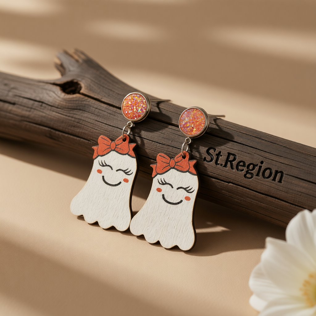 White and Orange Wood Drusy MS.Ghost Drop Earrings, drop earrings for women, botanical inspired, front view