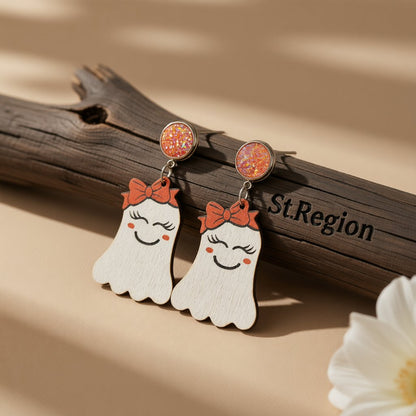 White and Orange Wood Drusy MS.Ghost Drop Earrings, drop earrings for women, botanical inspired, front view