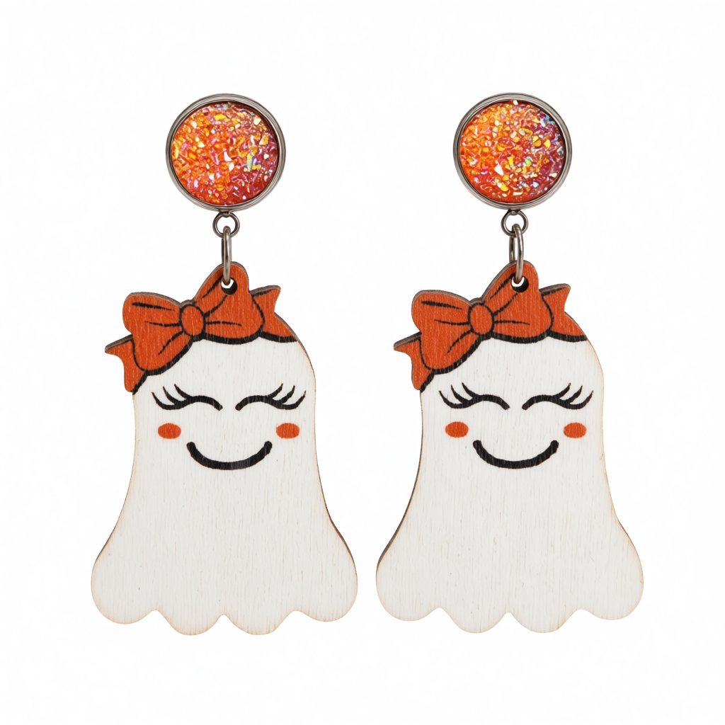 White and Orange Wood Drusy MS.Ghost Drop Earrings, drop earrings for women, botanical inspired, side view
