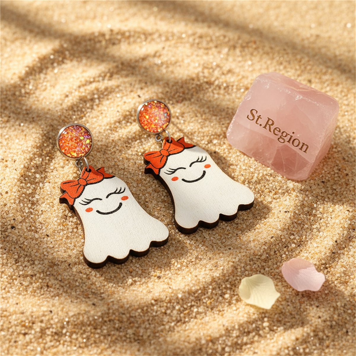 White and Orange Wood Drusy MS.Ghost Drop Earrings, drop earrings for women, botanical inspired, detail close-up
