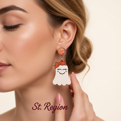 White and Orange Wood Drusy MS.Ghost Drop Earrings, drop earrings for women, botanical inspired, styled look