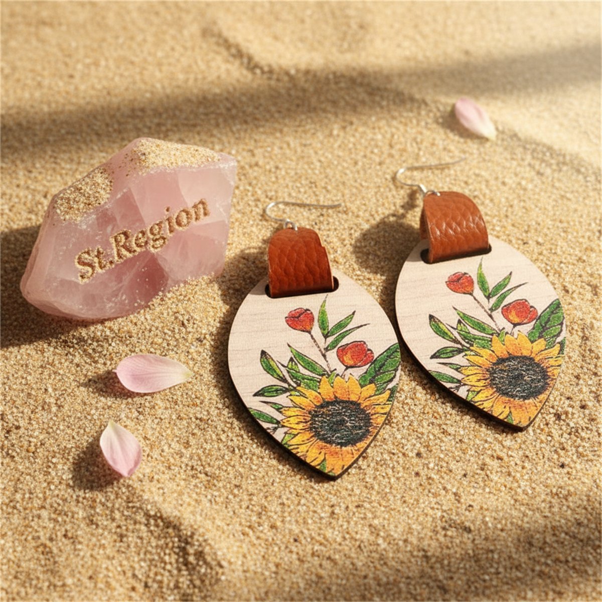 Yellow Wood and Silver-Plated Sunflower Drop Earrings, silver drop earrings for women, detail close-up