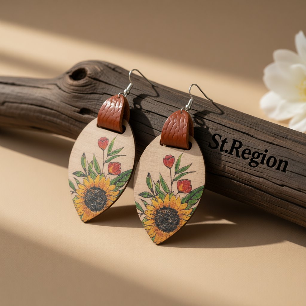 Yellow Wood and Silver-Plated Sunflower Drop Earrings, silver drop earrings for women, vintage-inspired design, front view