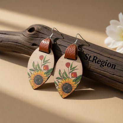 Yellow Wood and Silver-Plated Sunflower Drop Earrings, silver drop earrings for women, vintage-inspired design, front view
