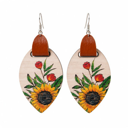 Yellow Wood and Silver-Plated Sunflower Drop Earrings, silver drop earrings for women, vintage-inspired design, side view