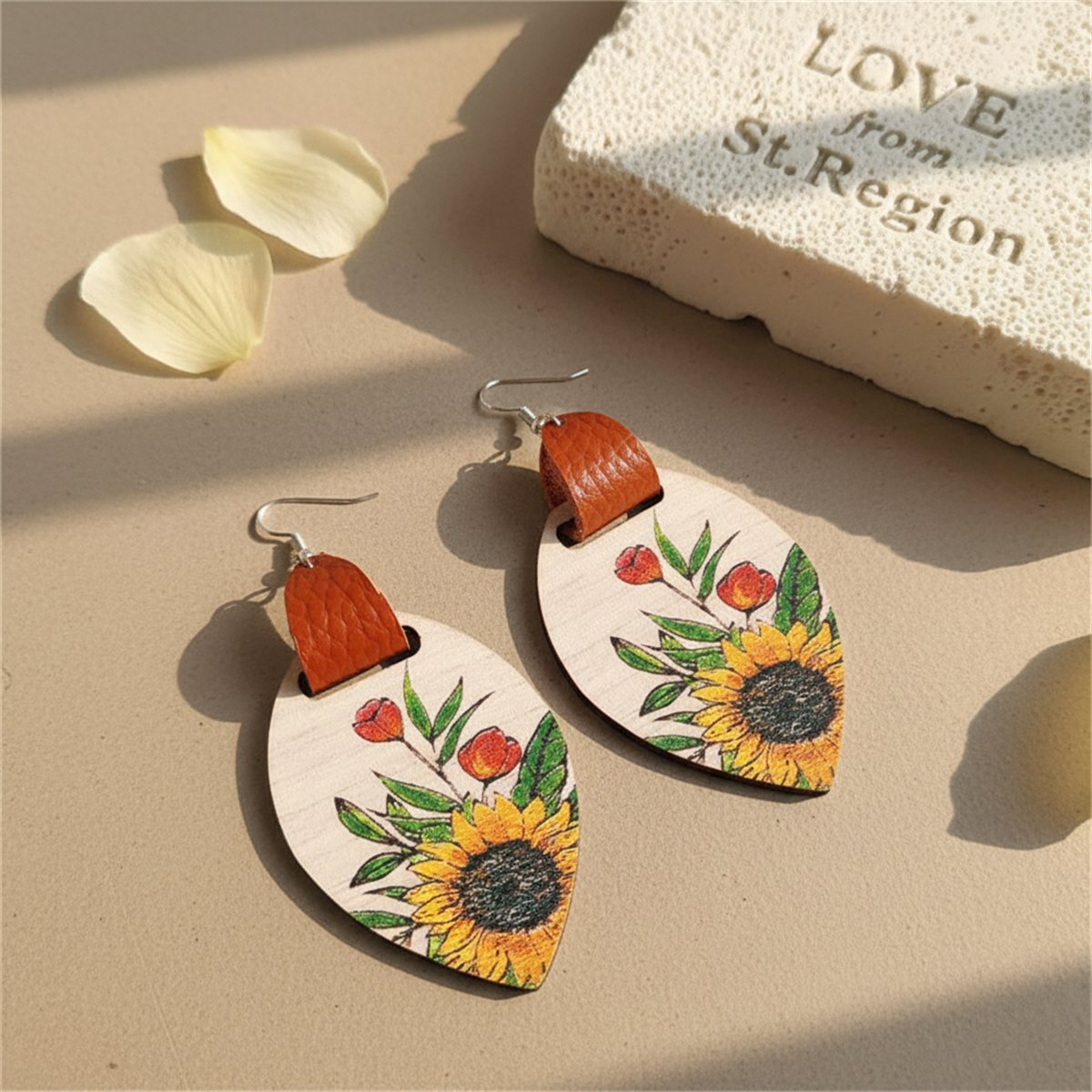 Yellow Wood and Silver-Plated Sunflower Drop Earrings, silver drop earrings for women, lifestyle look
