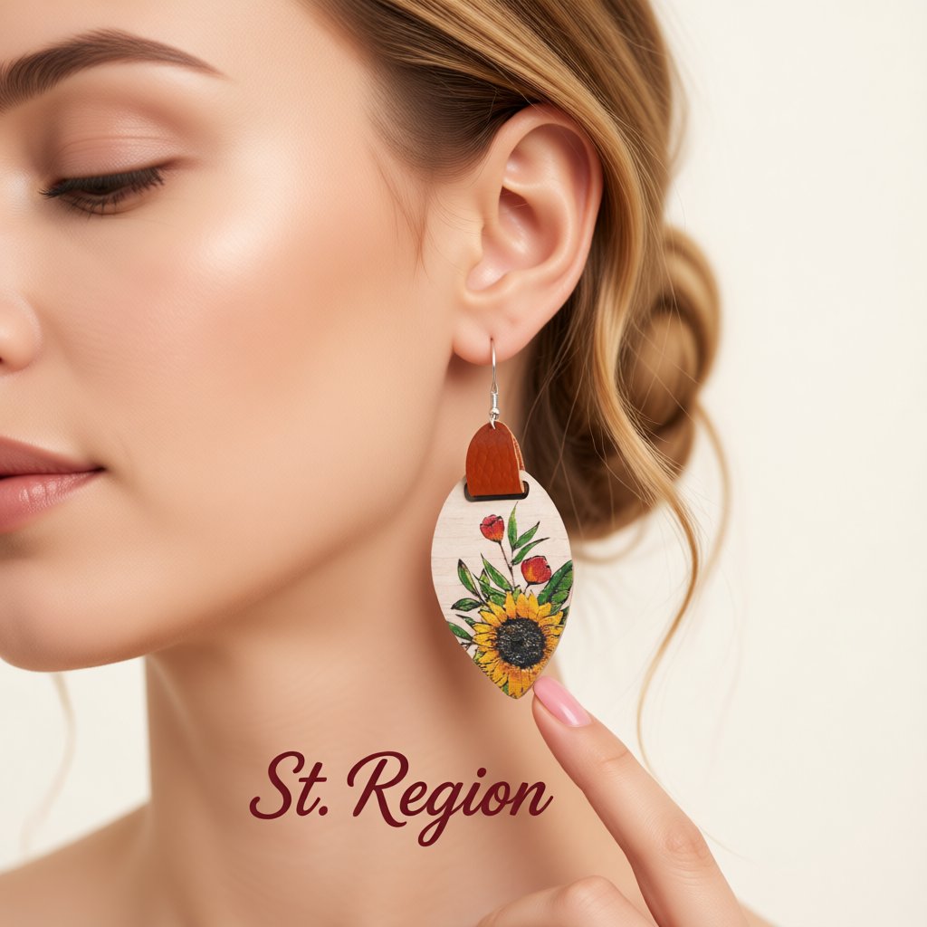 Yellow Wood and Silver-Plated Sunflower Drop Earrings, silver drop earrings for women, vintage-inspired design, styled look