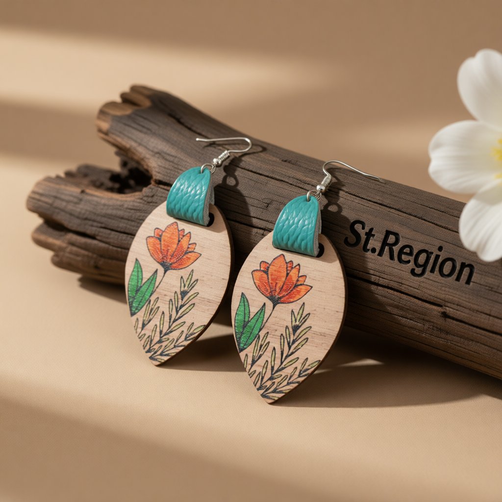 Brown Wood and Silver-Plated Floral Drop Earrings, silver drop earrings for women, everyday style, front view